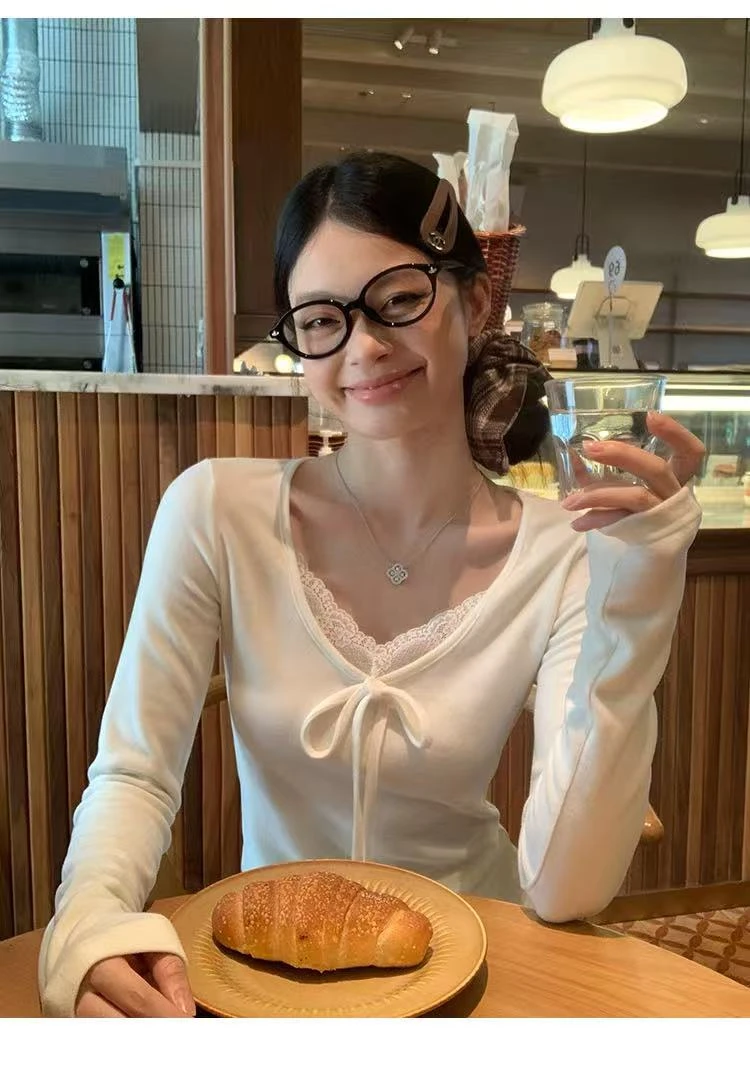 V领女拼接常规款绑带蕾丝长袖T恤秋冬洋气白色春秋