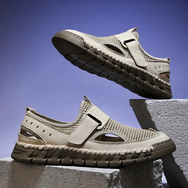 2025夏季男鞋新款男士网面休闲运动鞋轻便软底百搭凉鞋魔术贴跨境