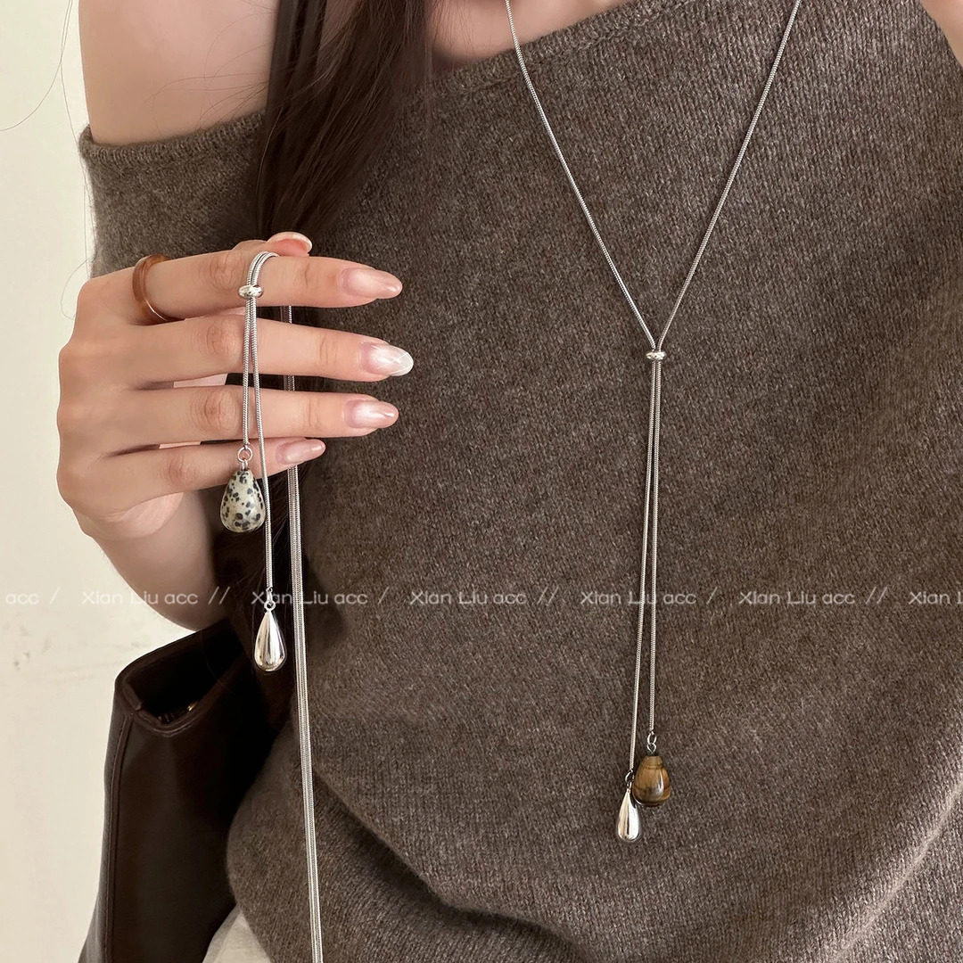 铜合金项链 虎眼石水滴抽拉项链女轻奢小众设计感长款毛衣链配饰