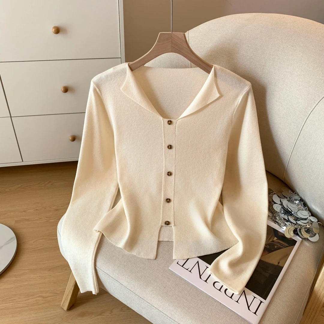 V领针织打底衫女长袖不规则纯欲风高级感薄款洋气打底衫2025秋季