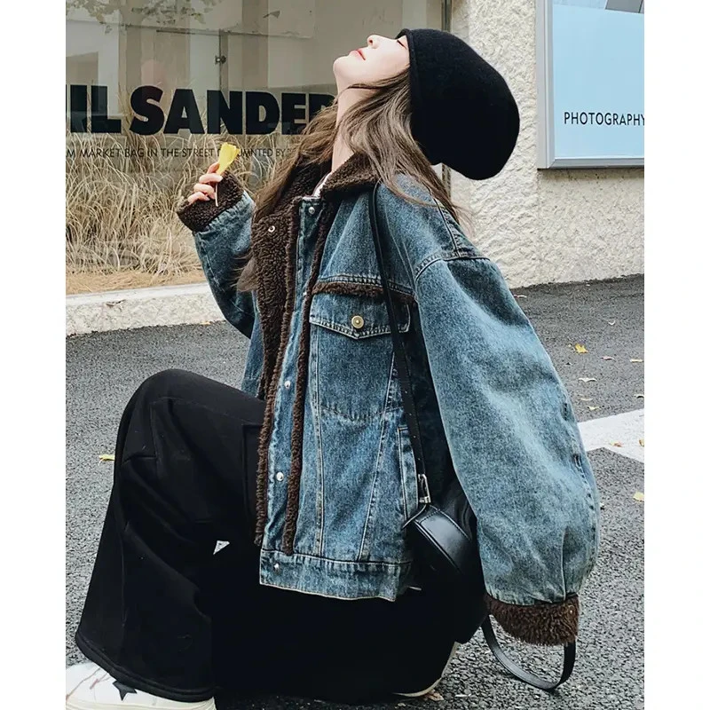 超好看加绒加厚牛仔仿羊羔绒外套女2025冬新款高级感牛仔派克棉服