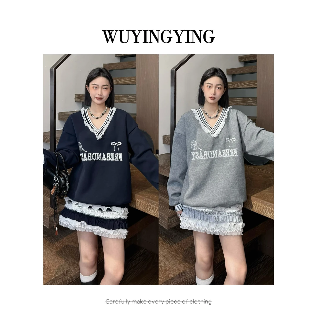 WUYINGYING【晨露】早春蕾丝拼接V领字母卫衣+半裙减龄套装