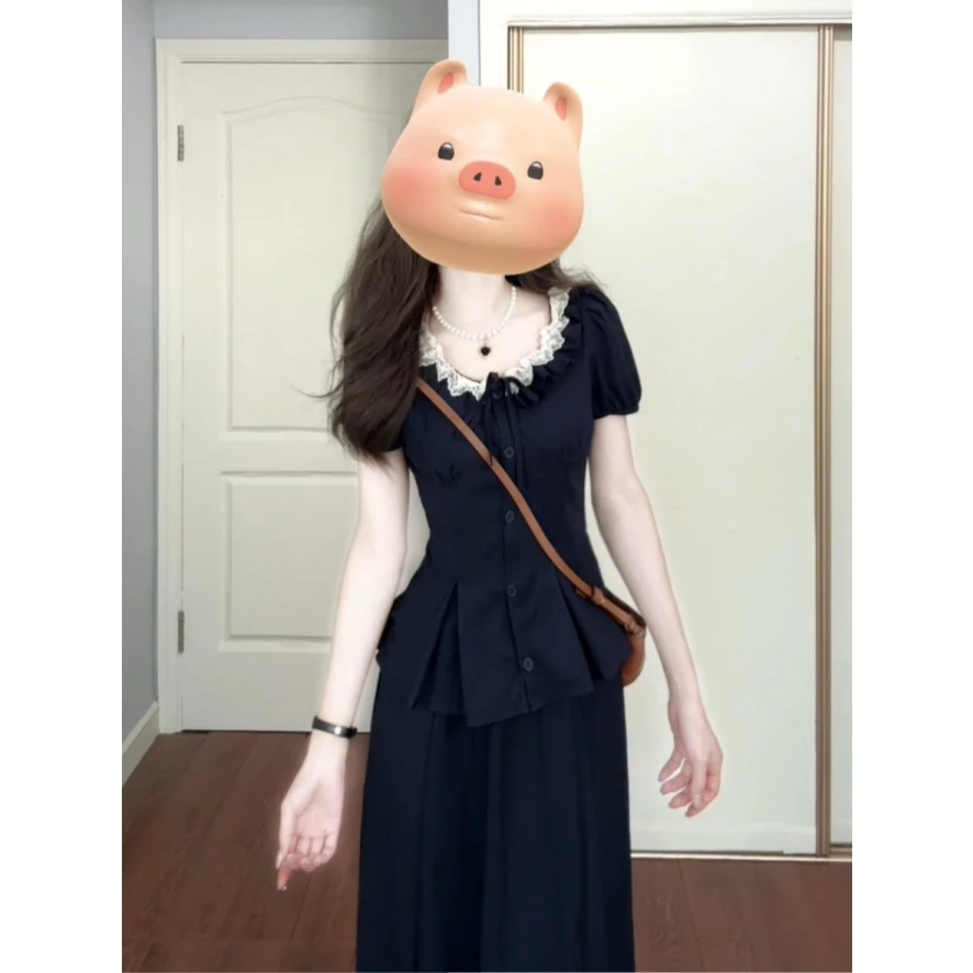 韩版时尚洋气蕾丝娃娃领泡泡袖衬衫掐腰上衣时尚半身裙藏蓝色套装