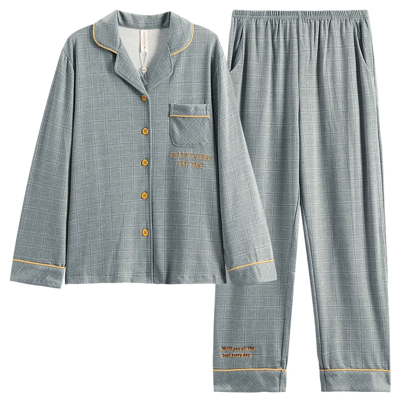 芬腾A322睡衣女士秋季长袖简约格子春秋款冬大码家居服套装可外穿