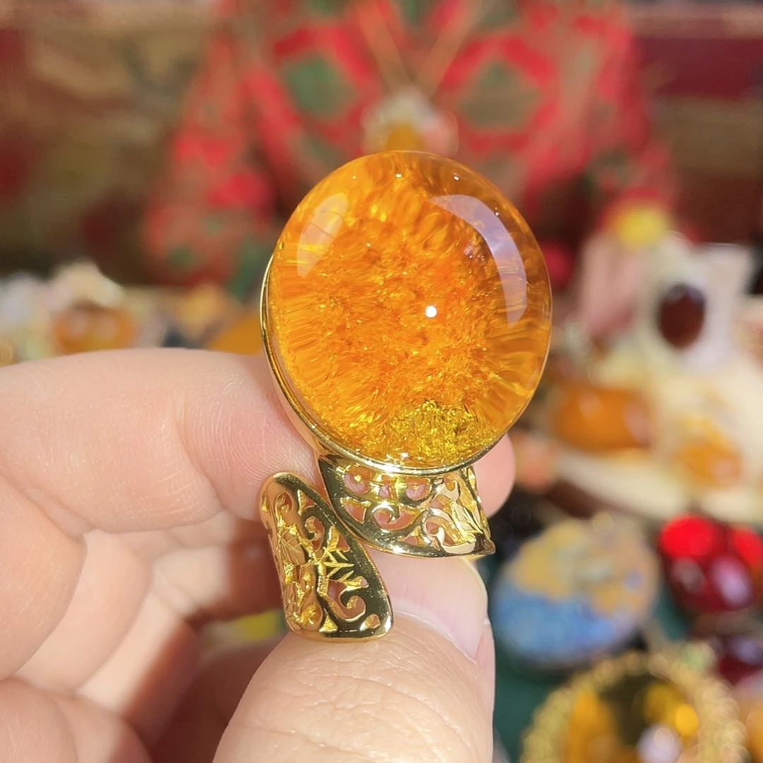 琥珀戒指银S925镀金镶嵌