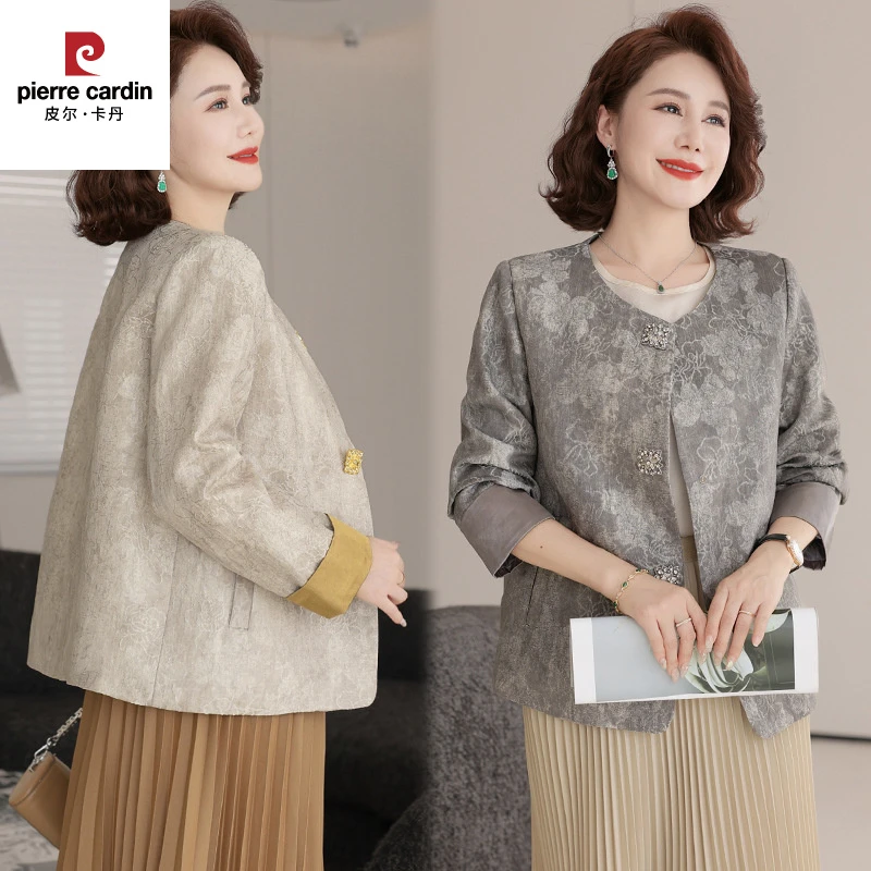 皮尔卡丹2025春秋新款国风妈妈装气质外套中老年女装休闲长袖圆领