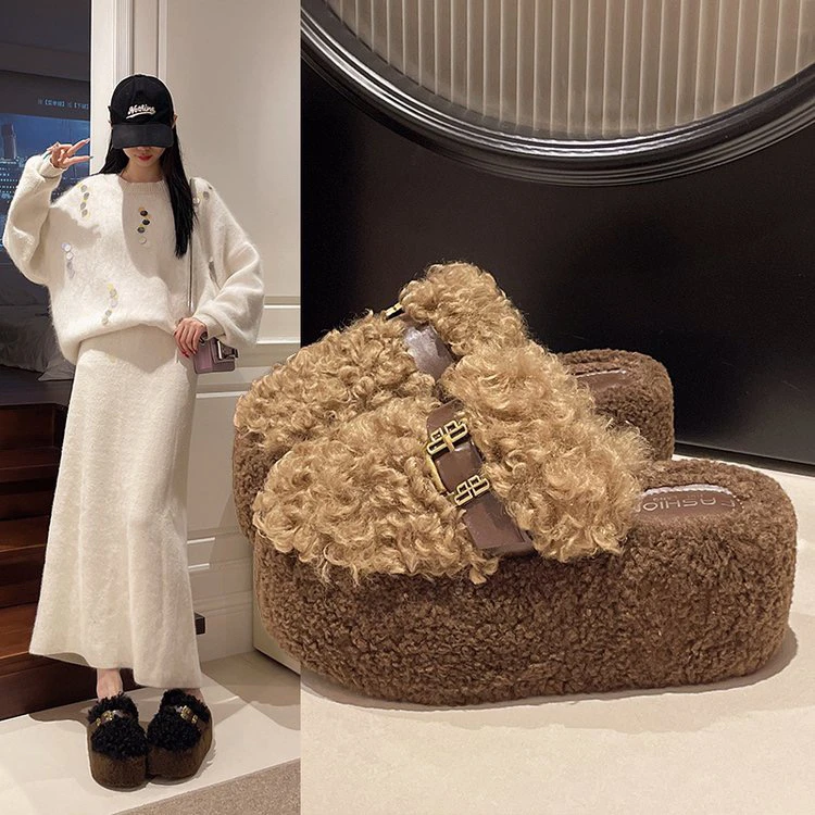 秋冬季网红新款泰迪卷毛毛鞋公主风森系女包头拖居家毛绒防滑厚底