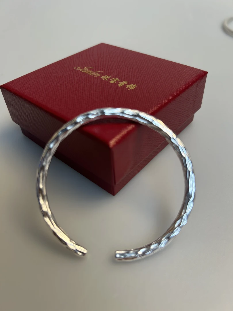 足银手镯 圈口55-56mm女锤纹复古单圈珠宝窄版圈口可调节