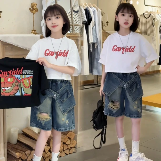 女童夏季套装2025年儿童印花短袖设计感牛仔短裤两件套女大童