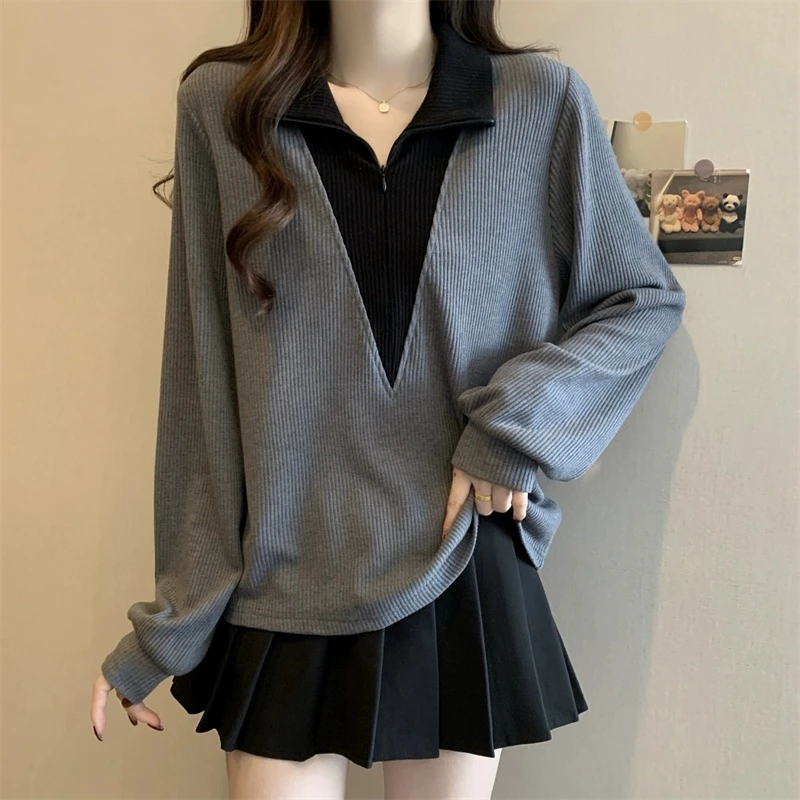 高品质设计感假两件拼接Polo领长袖时尚卫衣女春秋宽松百搭上衣