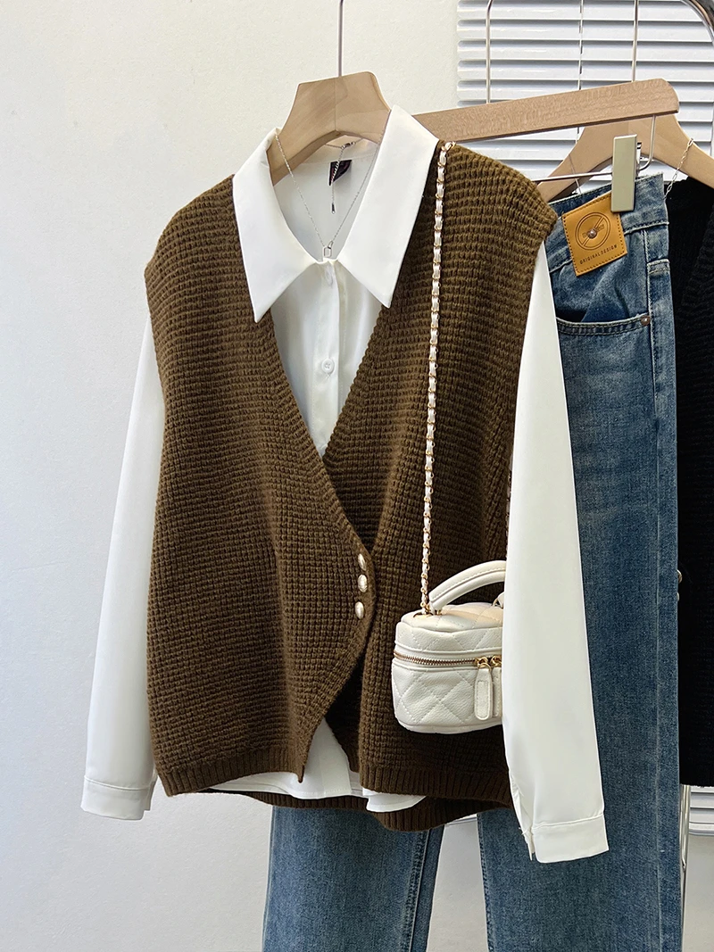 秋款胖mm大码女百搭针织开衫毛衣背心衬衣两件套71244+衬衣12958