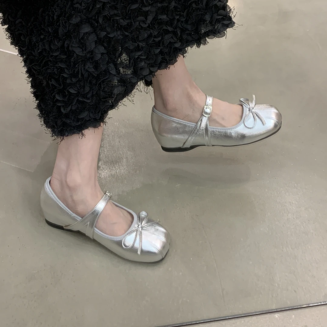 内增高银色芭蕾舞鞋法式玛丽珍鞋蝴蝶结单鞋女2025新款春夏配裙子