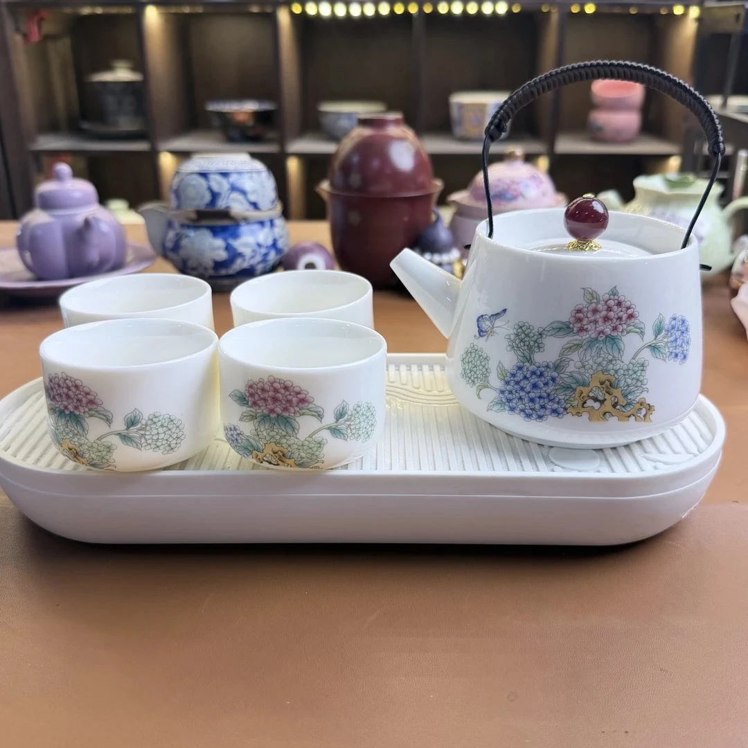 ZH692团花锦簇设计羊脂玉瓷提梁壶与茶杯组合