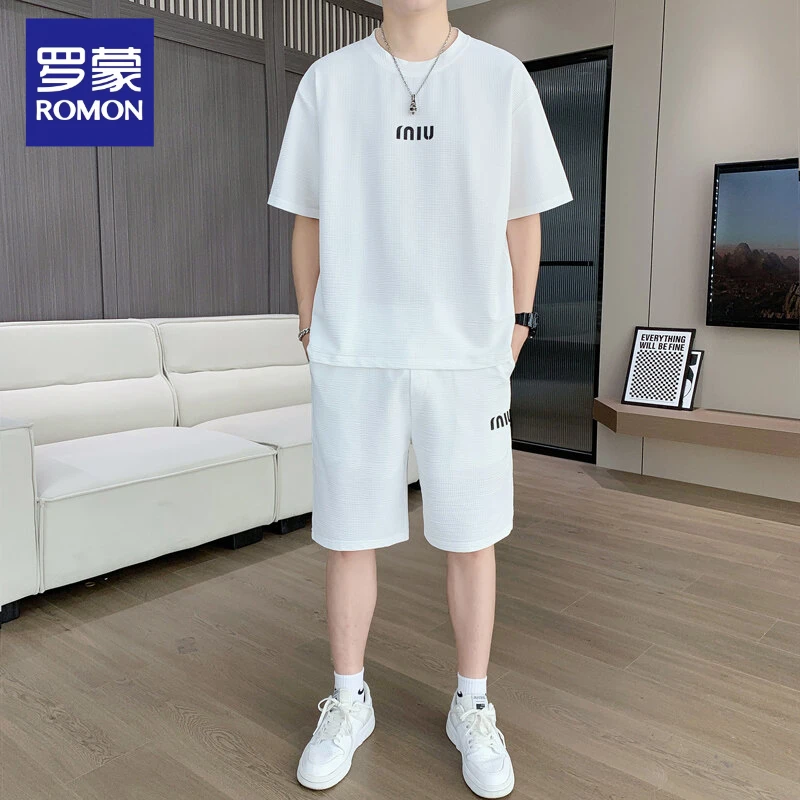 罗蒙夏季薄款休闲潮牌短袖短裤套装男士宽松帅气男士夏季休闲套装
