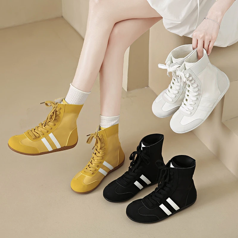 欧货爆款平底德训高帮鞋女2025春季新款百搭休闲鞋系带短靴瘦瘦靴