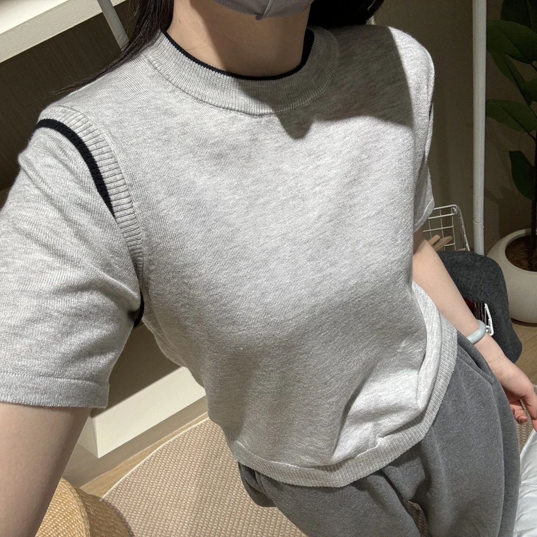 E306简约时尚百搭短袖圆领拼色套头毛针织毛衣女春季新品针织衫