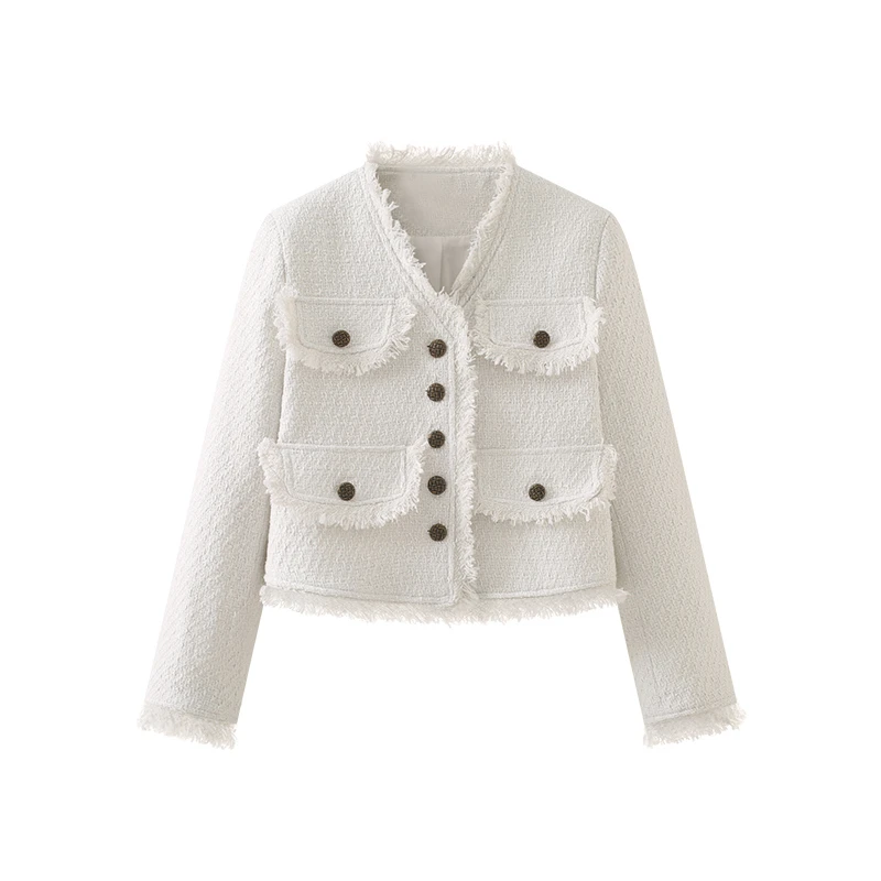 法式高级感洋气V领气质毛边假口袋小香风短款外套女春季