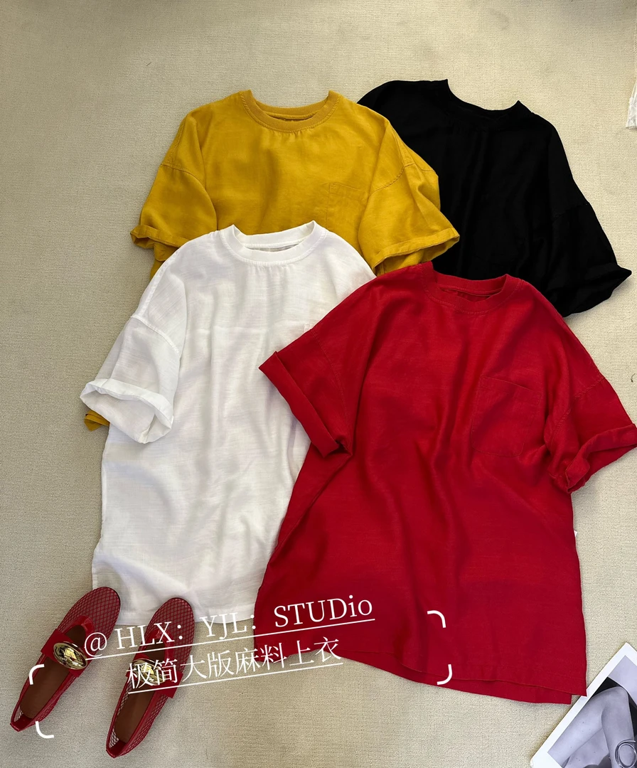 【摩姐姐欧韩】88153春夏款极简大版麻料口袋短袖T恤