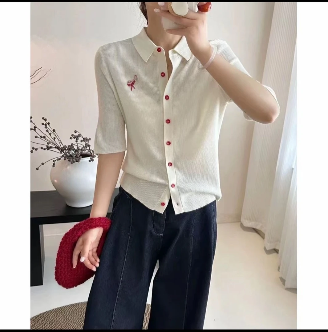 JL【翻领刺绣火烈鸟短袖】新款百搭时尚短袖羊毛针织衫-B