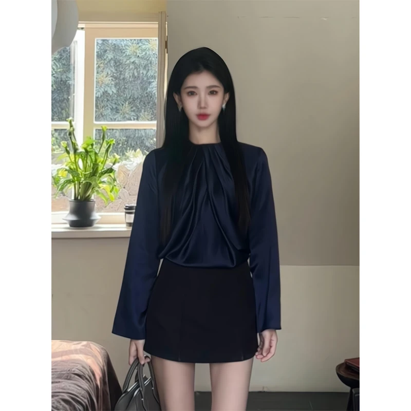 褶皱圆领长袖衬衫气质宽松显瘦小衫半身裙高腰显瘦a字一步包臀裙