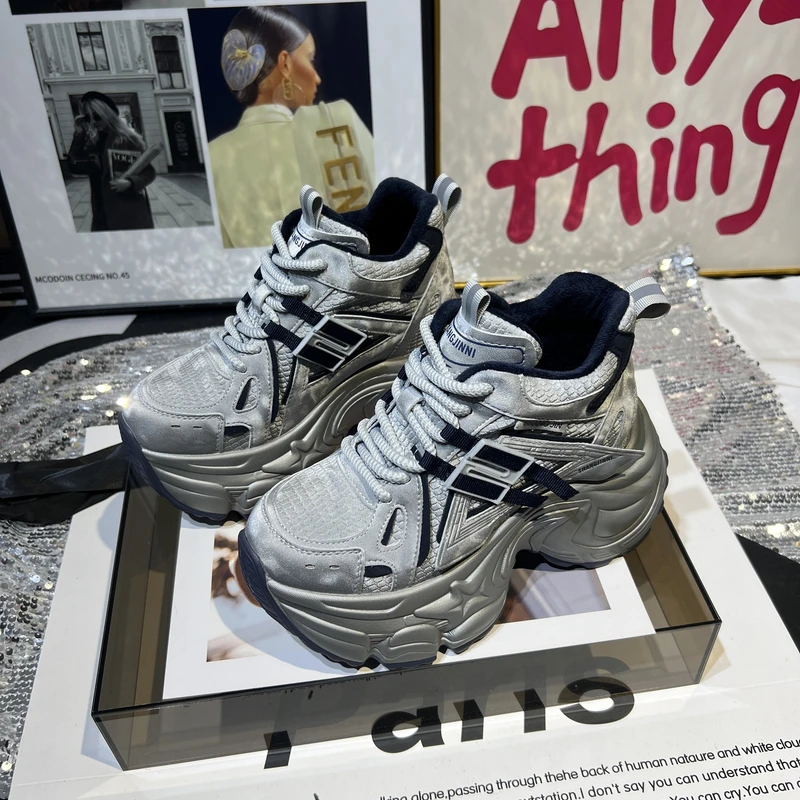 【茹姐专享】厚底增高9CM加绒老爹鞋女2025秋冬百搭运动鞋  9560C