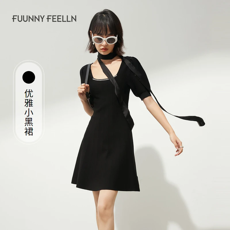 黑色方领泡泡袖镶钻收腰设计气质连衣裙显瘦时尚夏季仿佛01392