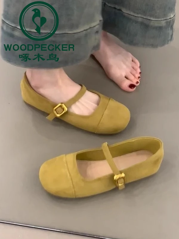 啄木鸟复古平底黄色玛丽珍鞋女2025新款法式温柔晚晚鞋芭蕾单鞋女