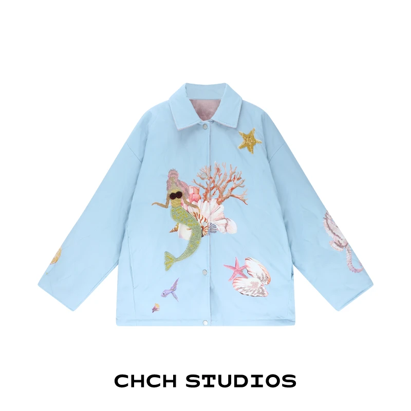 RAWT124058时尚美人鱼刺绣棉服女2025年冬新款双面穿长袖翻领上衣