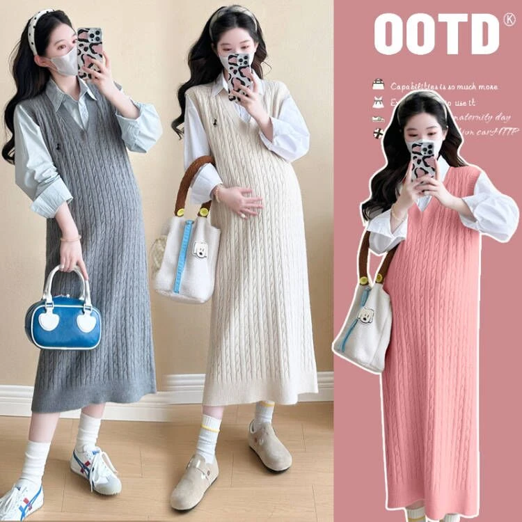 时髦孕妇装新款连衣裙套装秋季时尚针织背心裙加衬衫秋冬款两件套