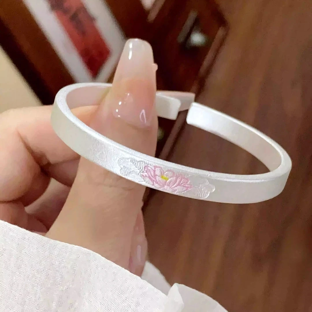 足银手镯 9999足银映日荷花莲花纯银手镯女轻奢小众新中式高级感