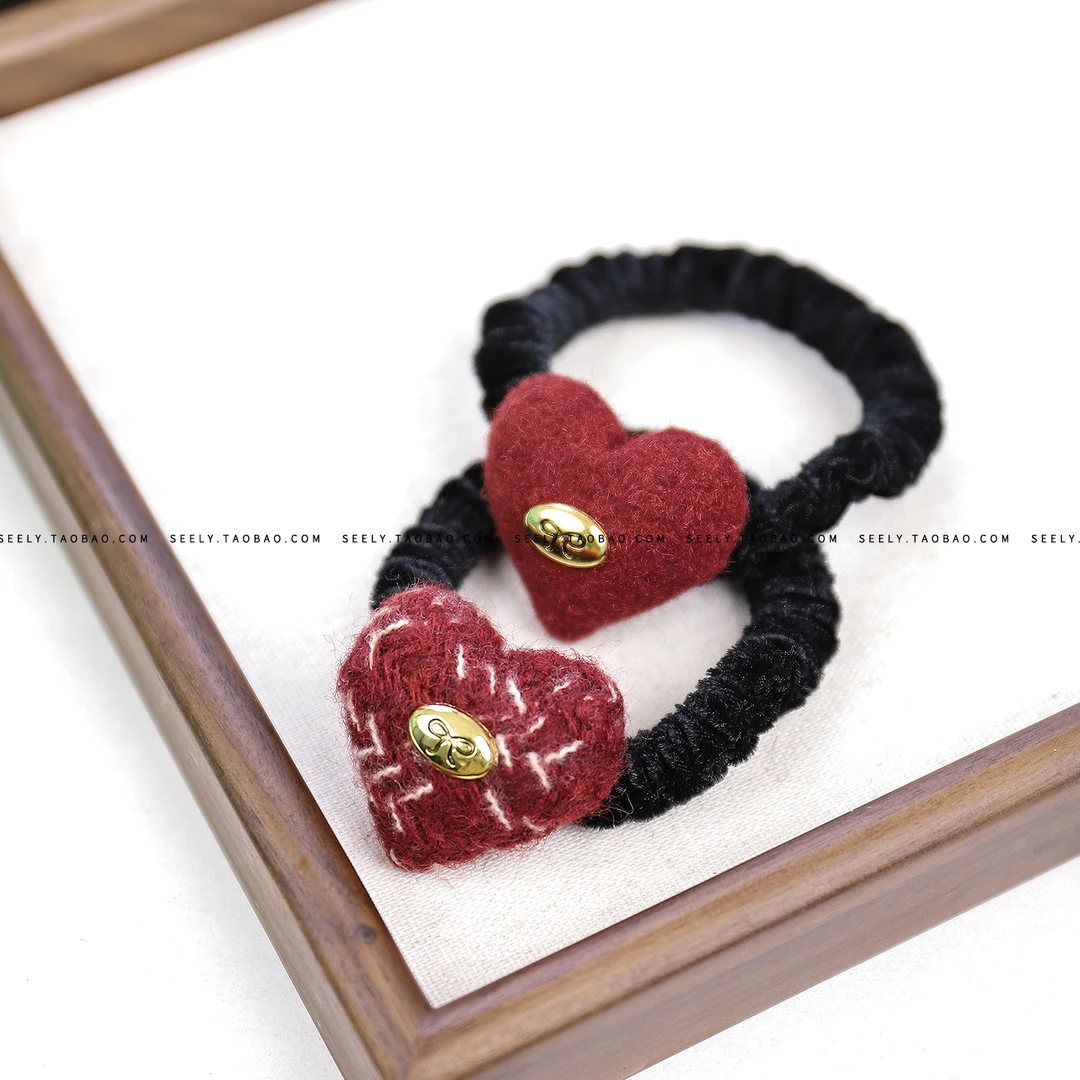 【单个装】新年红色系毛呢小香风爱心纽扣发圈气质百搭高弹发绳皮筋