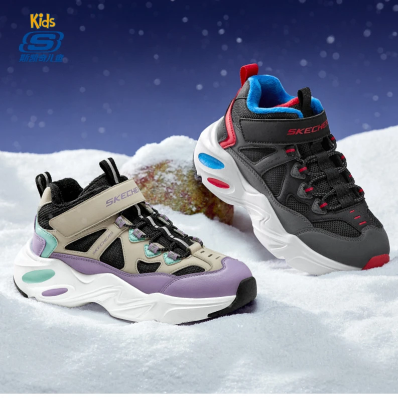 Skechers斯凯奇儿童绒绒靴秋冬男女童运动舒适魔术贴厚底保暖棉鞋