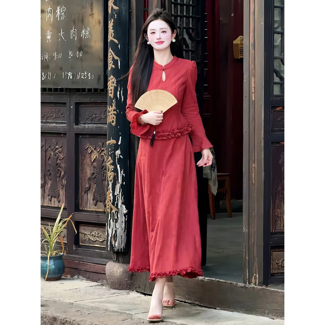 秋季新款巨好看的新中式国风高级感时尚绝美红色上衣半身裙两件套