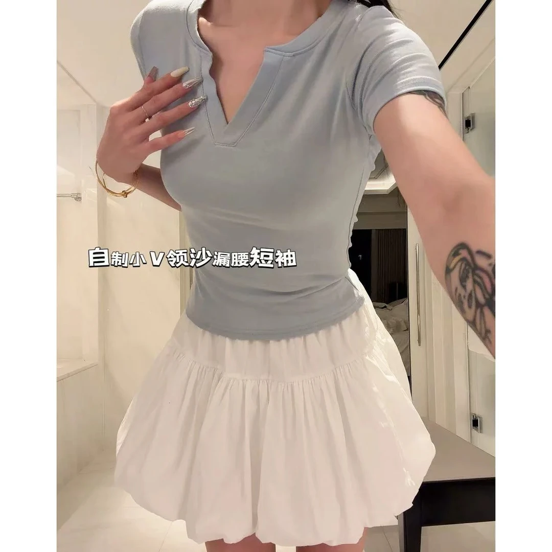 自制小v领沙漏腰短袖A046