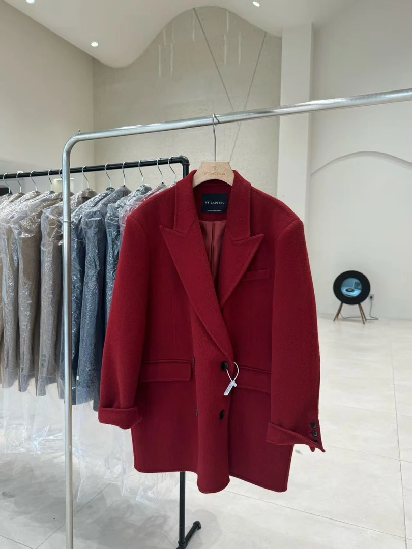 女士西装羊毛呢时尚短款红色外套