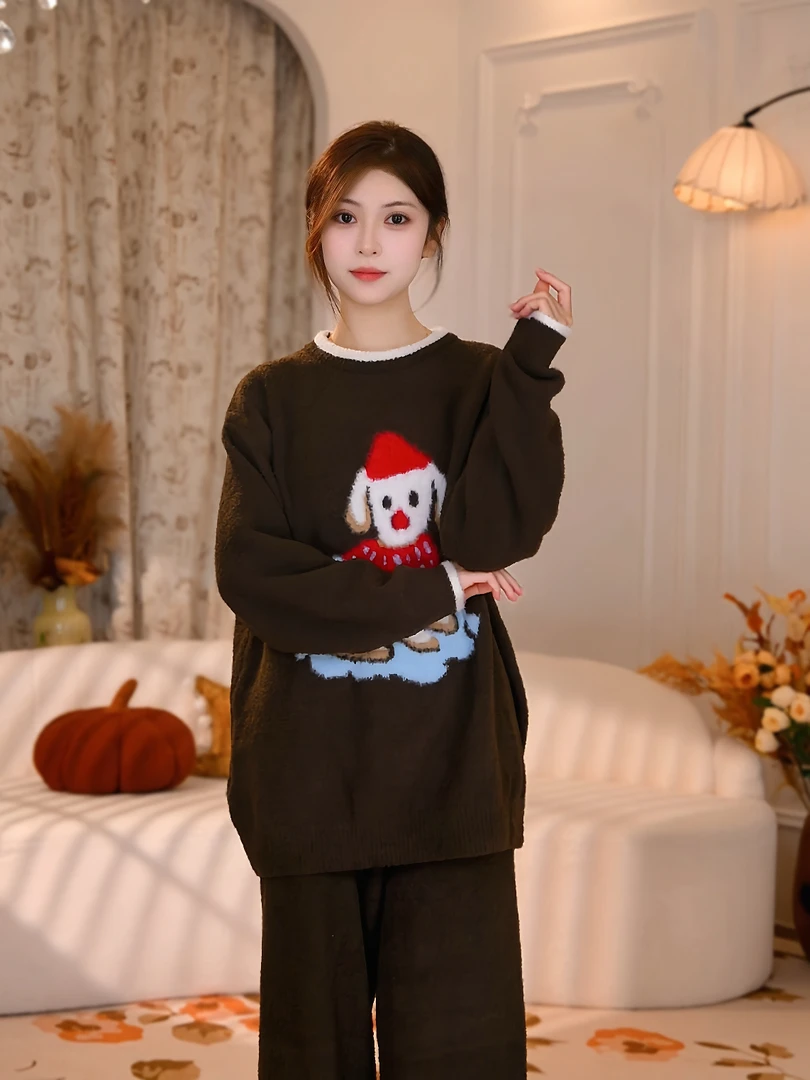 【棕色快乐小狗】冬日时尚原创设计可外穿睡衣家居服套装3