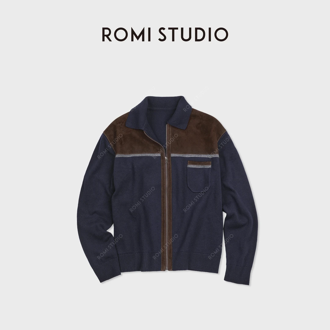 ROMI STUDIO“校园皮衣”羊毛拼麂皮立领宽松毛织外套RWCWWG7082