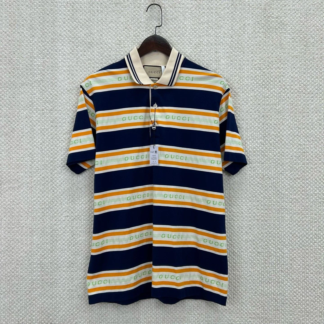 99新 GUCCI/古驰 Gucci古驰 Logo满印条纹短袖Polo衫S码 ys000419