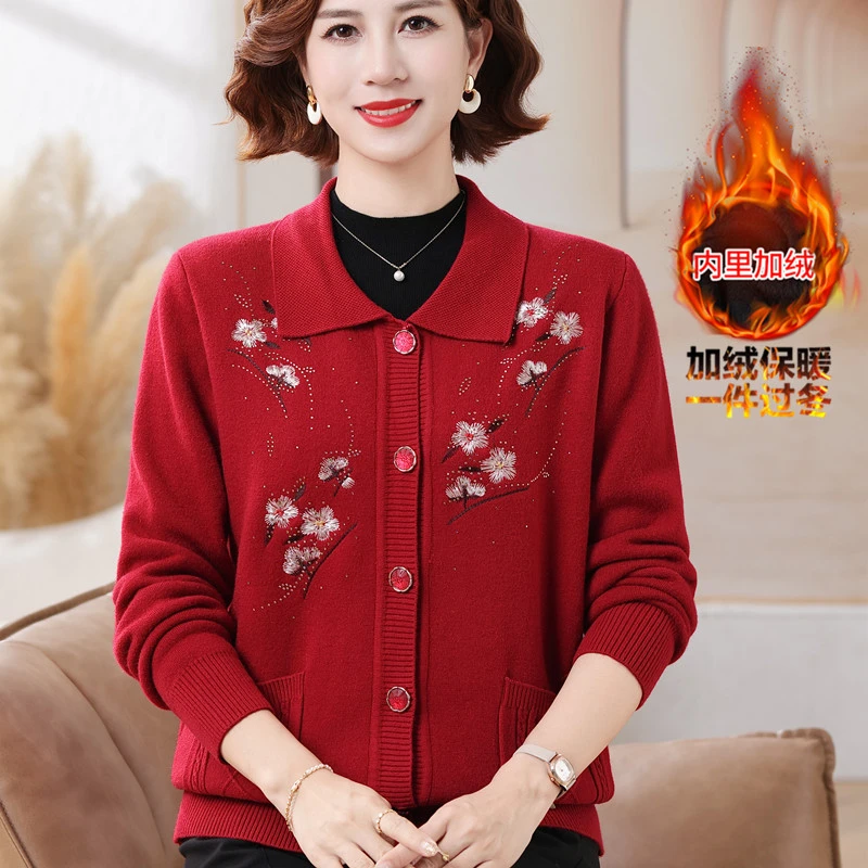 秋冬新款妈妈装翻领上衣中老年女一体绒加厚开衫时尚加绒毛衣外套