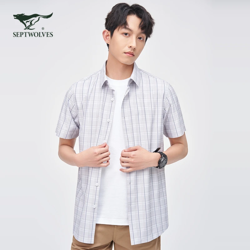 【复古经典】七匹狼男装夏季新款男士商务休闲百搭格纹翻领短袖衬衫