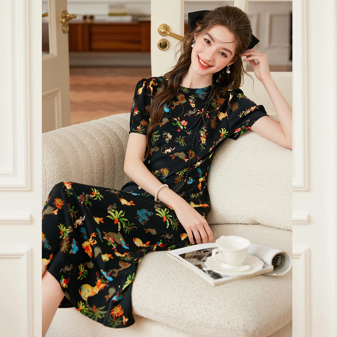 【商场同款新品】白鹿语时尚微弹圆领印花伞摆连衣裙YU20449