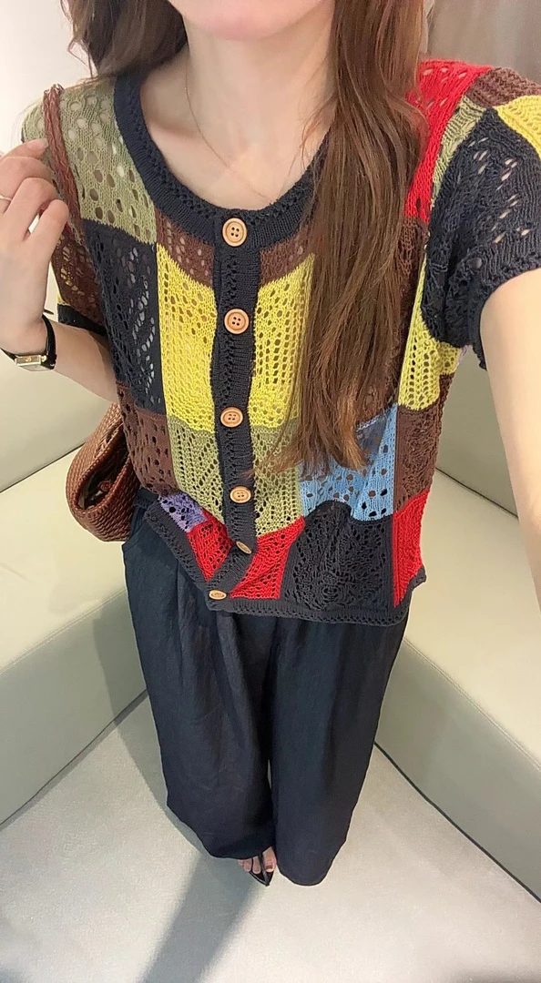 2025夏季新款韩版宽松单排扣彩色格子镂空复古针织开衫短袖T恤女
