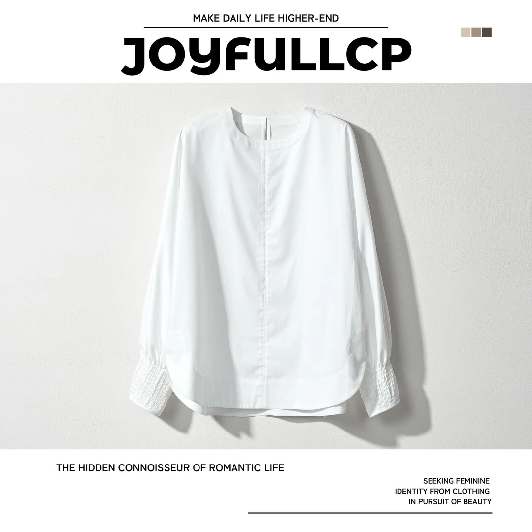 2025早春新款白色小衫圆领灯笼袖宽松上衣