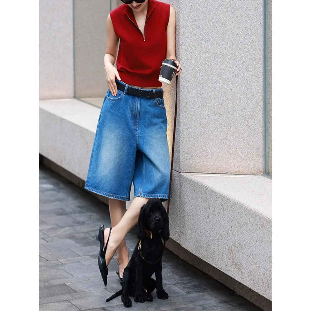 好看到心坎里！巨漂亮时尚藏青色半拉链背心女显瘦百搭慵懒感上衣