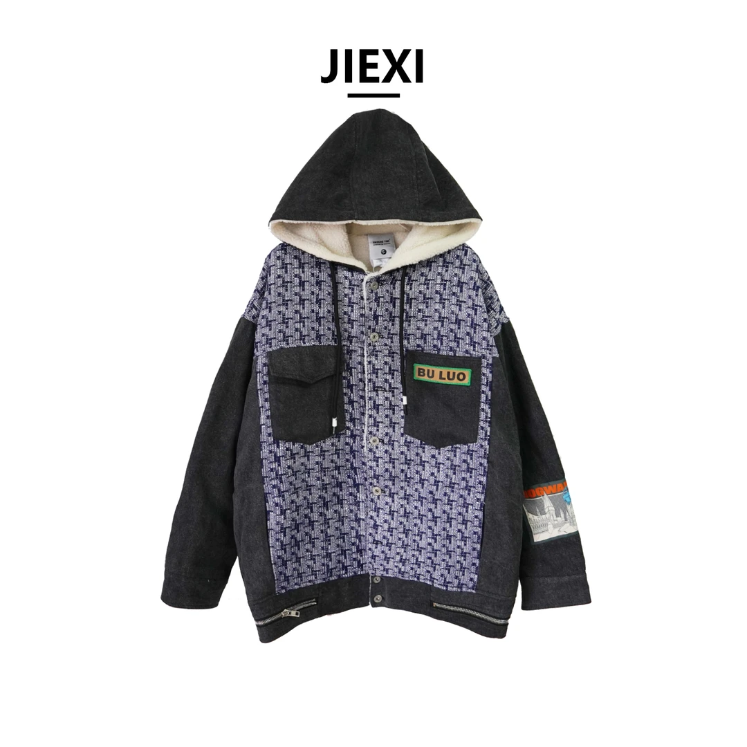 JEIXI百搭冬季美式休闲宽松时尚高街厚款拼接牛仔加绒外套s109