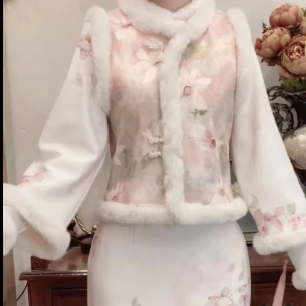 [南湘婉]冬季新中式新款国风盘印花加绒马甲新中式加绒旗袍连衣裙