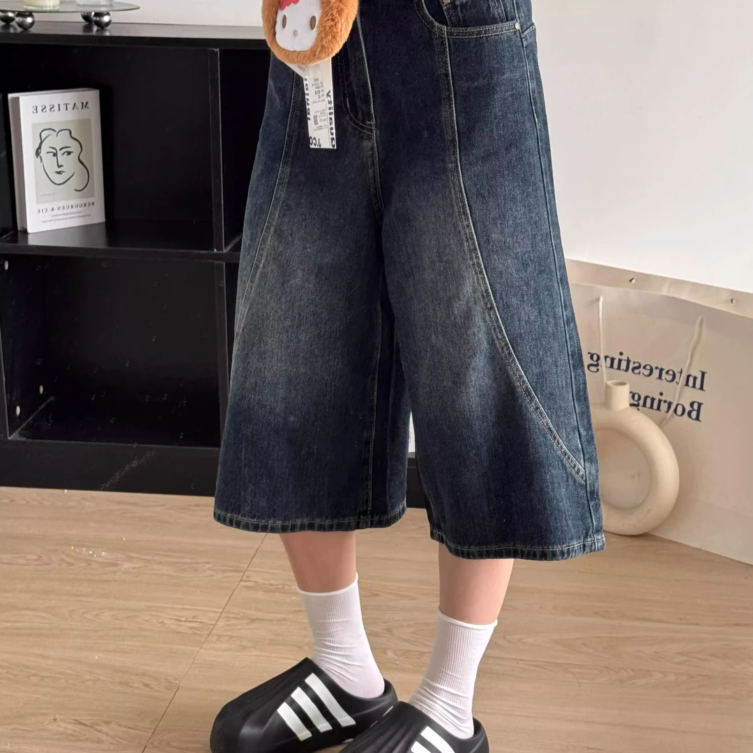 美式复古蓝色高腰显瘦七分牛仔裤女2025夏季新款宽松百搭直筒中裤