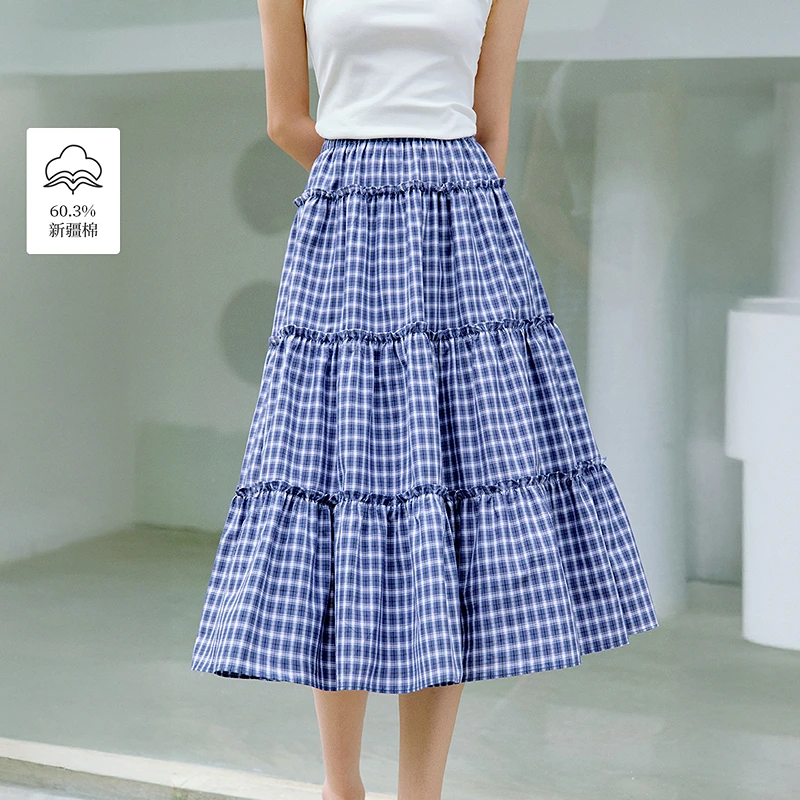 【一秒入夏】茵曼夏季复古格子分割拼接半身裙宽松显瘦a字蛋糕裙