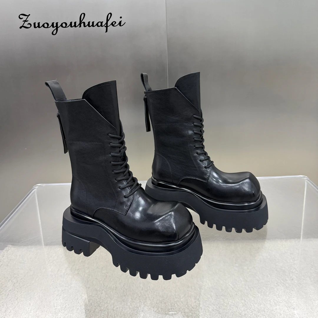 【左右华菲】7.5真皮厚底英伦风中筒马丁靴秋冬复古增高显瘦机车靴