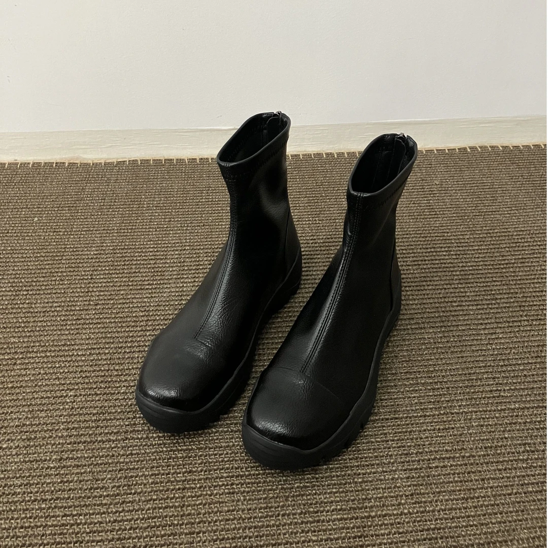 小众设计高级感极简风休闲百搭瘦瘦靴气质圆头后拉链厚底短靴靴子